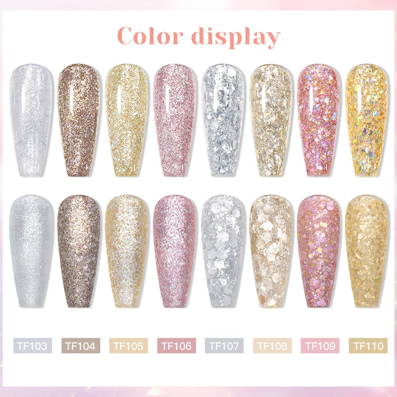 MEET ACROSS 8ml Sparkly Sequins Gel Nail Polish Pink Gold Silver Glitter Semi Permanent UV Nail Art Gel Varnish Manicure Design