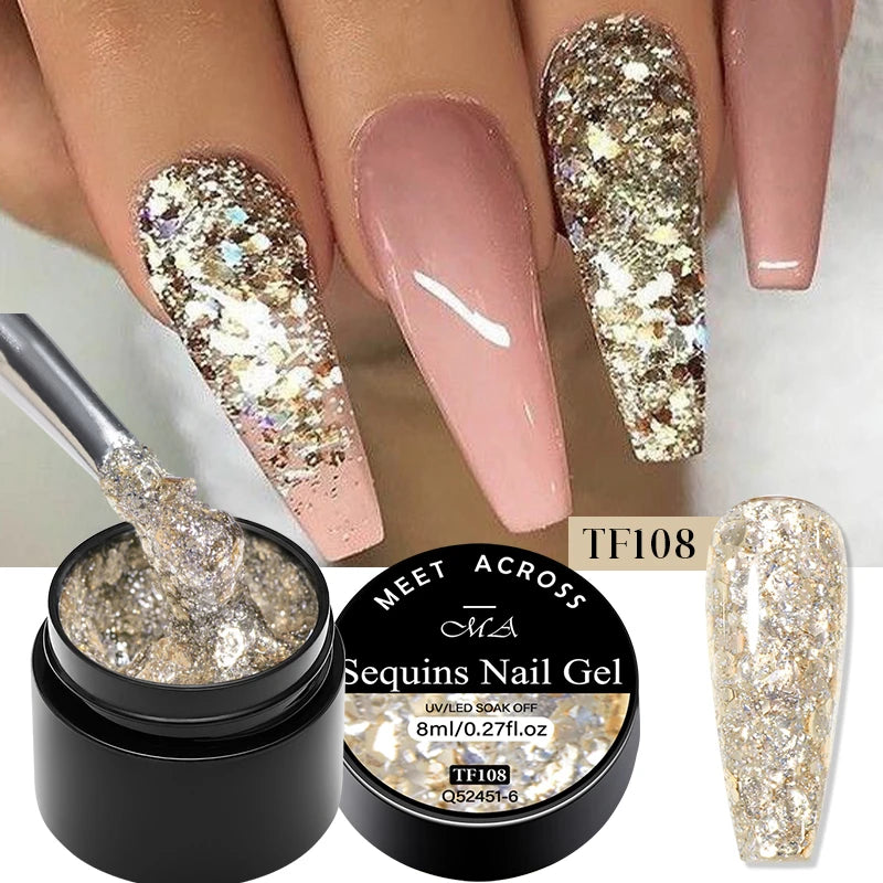 MEET ACROSS 8ml Sparkly Sequins Gel Nail Polish Pink Gold Silver Glitter Semi Permanent UV Nail Art Gel Varnish Manicure Design