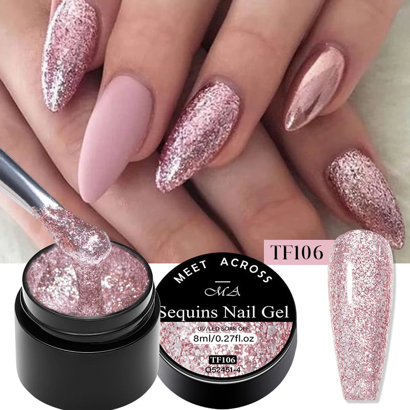 MEET ACROSS 8ml Sparkly Sequins Gel Nail Polish Pink Gold Silver Glitter Semi Permanent UV Nail Art Gel Varnish Manicure Design