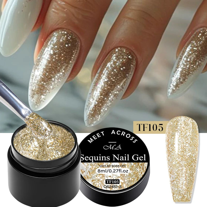 MEET ACROSS 8ml Sparkly Sequins Gel Nail Polish Pink Gold Silver Glitter Semi Permanent UV Nail Art Gel Varnish Manicure Design
