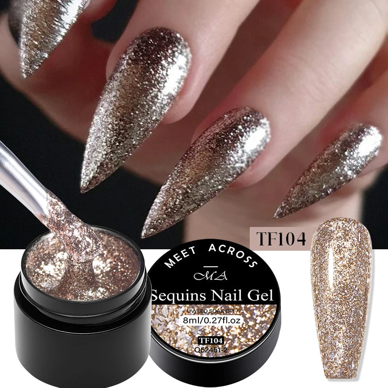 MEET ACROSS 8ml Sparkly Sequins Gel Nail Polish Pink Gold Silver Glitter Semi Permanent UV Nail Art Gel Varnish Manicure Design