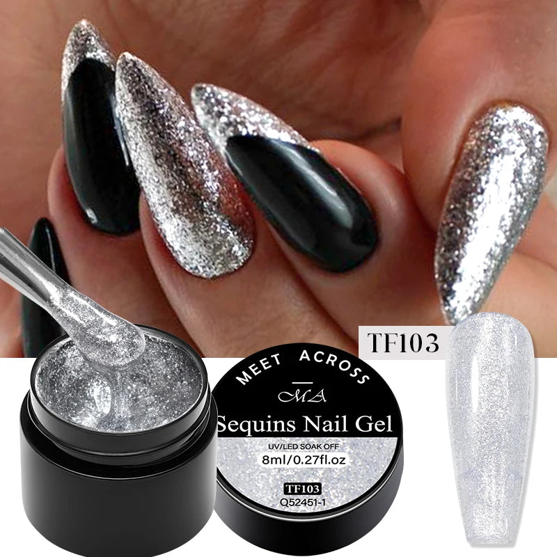 MEET ACROSS 8ml Sparkly Sequins Gel Nail Polish Pink Gold Silver Glitter Semi Permanent UV Nail Art Gel Varnish Manicure Design