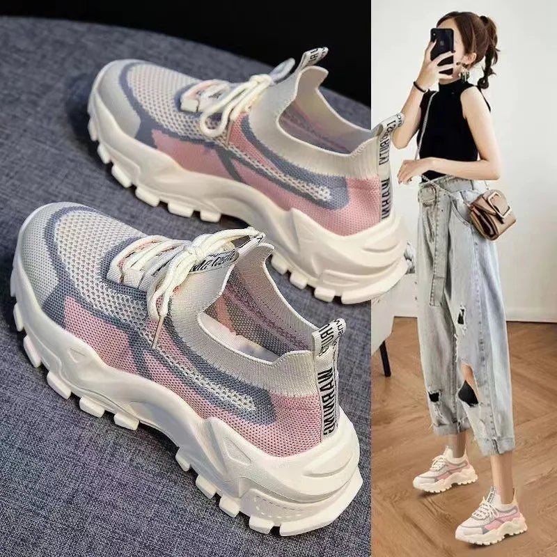 New spring and autumn ladies flying woven breathable sports shoes simple and comfortable platform daddy shoes casual shoes