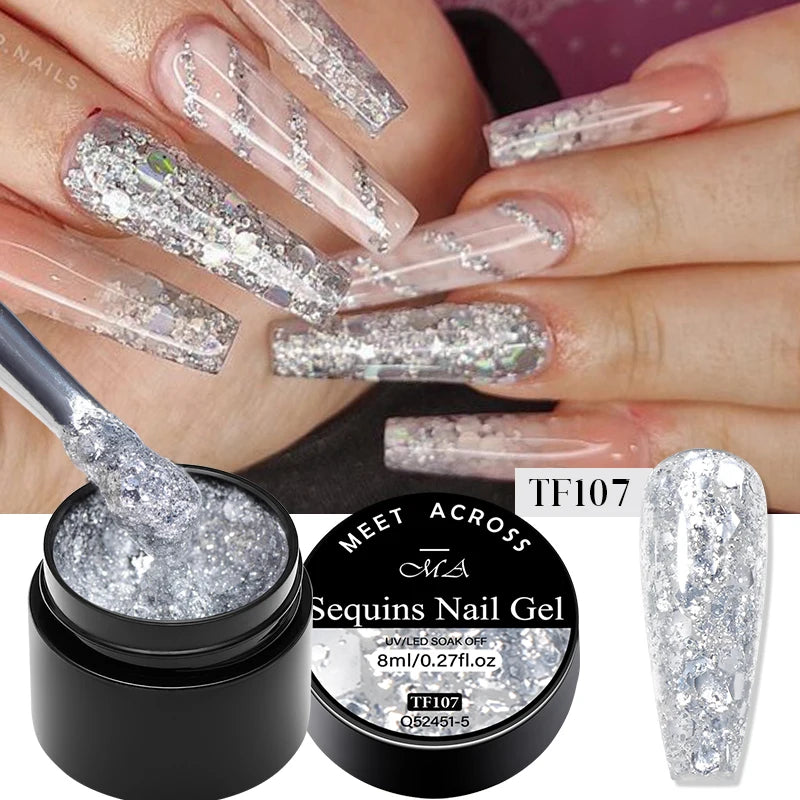MEET ACROSS 8ml Sparkly Sequins Gel Nail Polish Pink Gold Silver Glitter Semi Permanent UV Nail Art Gel Varnish Manicure Design