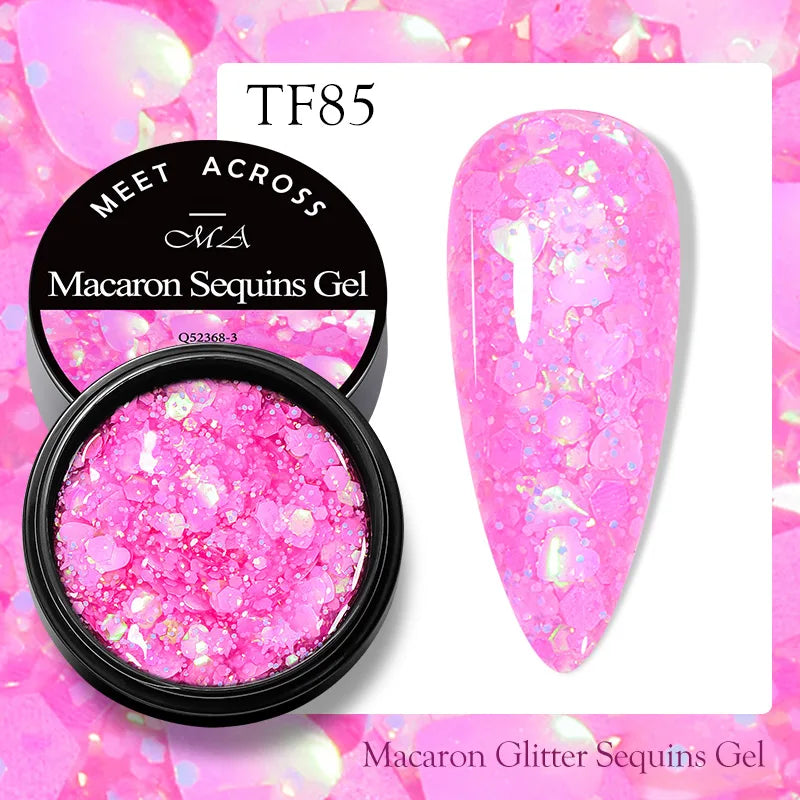 MEET ACROSS 8ml Sparkly Sequins Gel Nail Polish Pink Gold Silver Glitter Semi Permanent UV Nail Art Gel Varnish Manicure Design